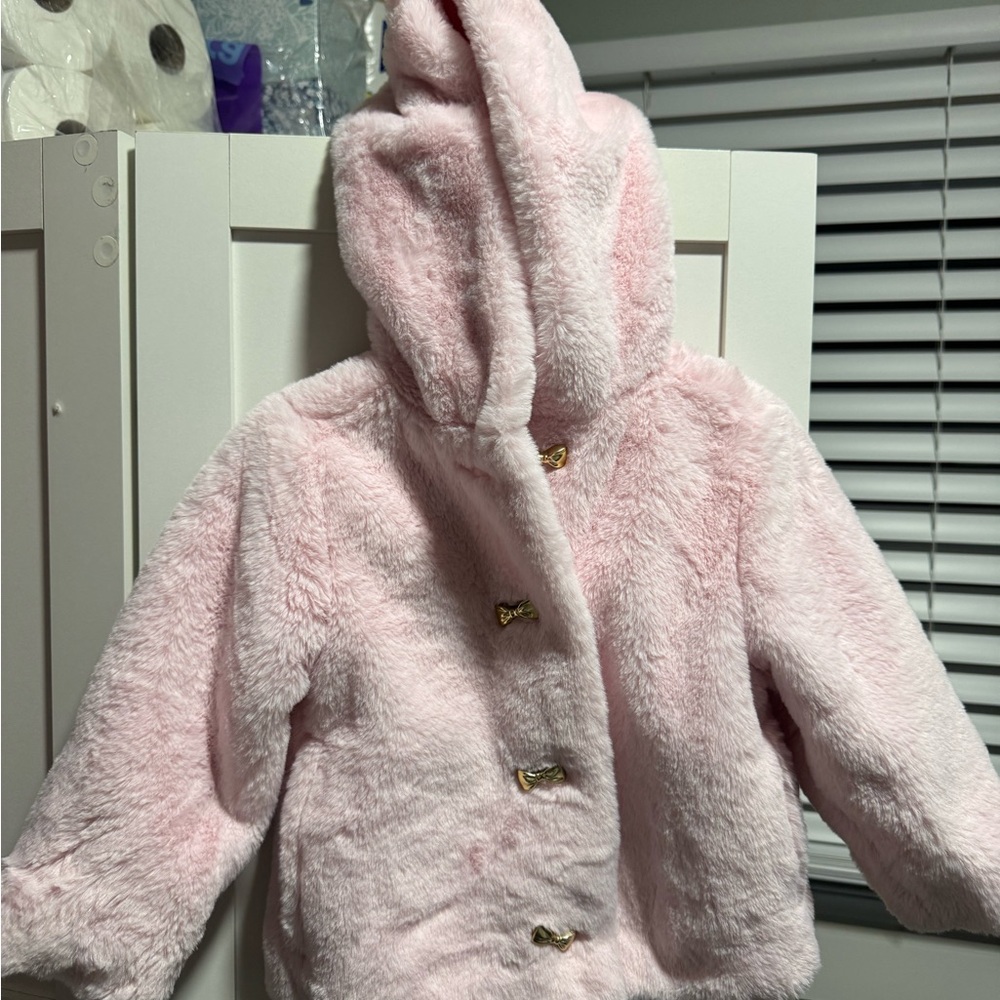 Old Navy Plush Hooded Puffer Jacket in Light Pink with Gold Bow Buttons